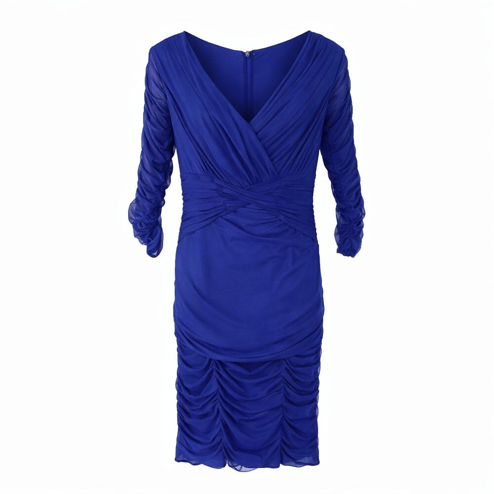 Tadashi Shoji Navy Blue Ruched Dress with Sheer Sleeves Small